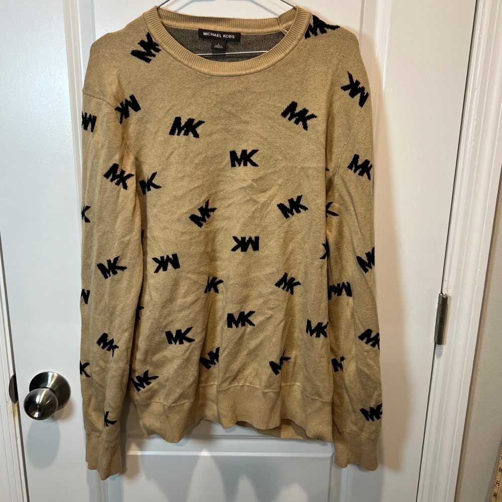 Michael Kors‎ MK All Over Logo Crew Neck Sweater Tan Black Size L